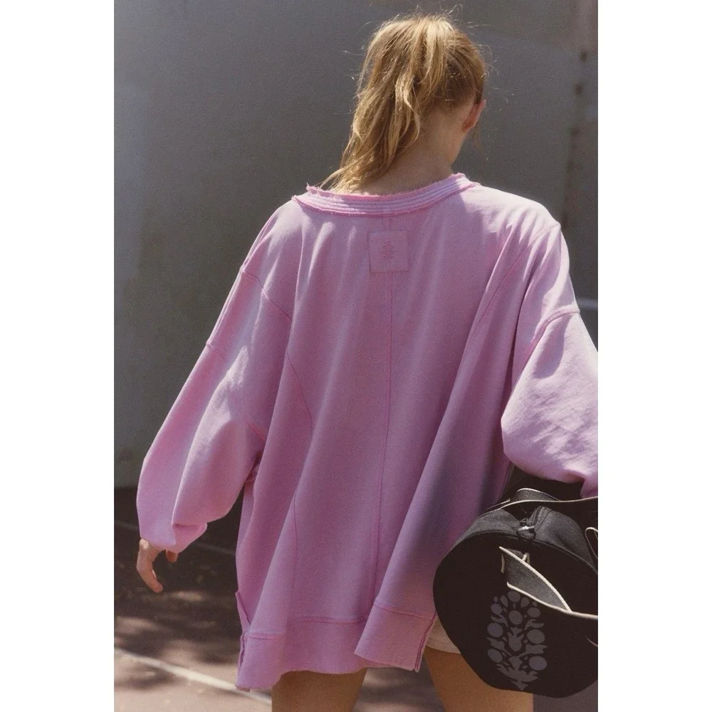 Free‎ People Pink Summer Lovin Flow + Groove Pullover V Neck Sweatshirt Med NWT - Picture 2 of 4